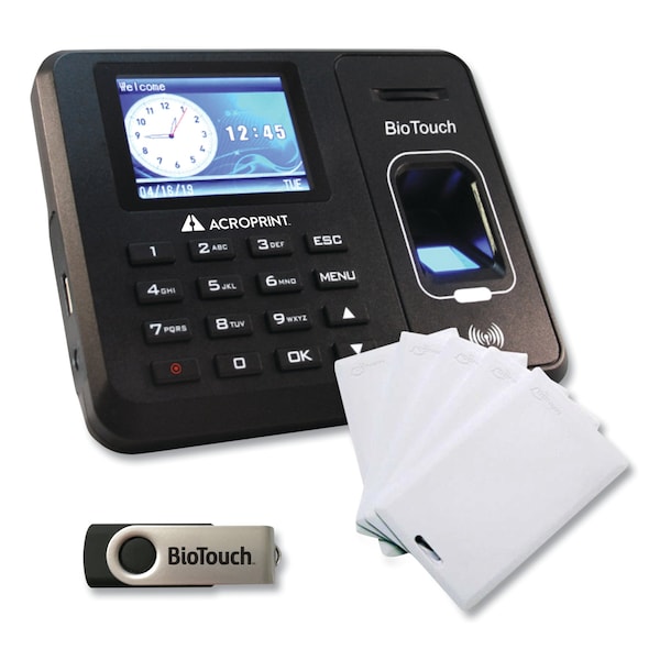 Acroprint BioTouch Time Clock and Badges Bundle, 10,000 Employees, Black 010276200 Zoro